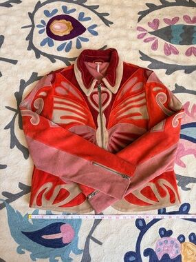 Free People Stars Psychedelic Red & Pink leather Embroidered Zip-up Jacket